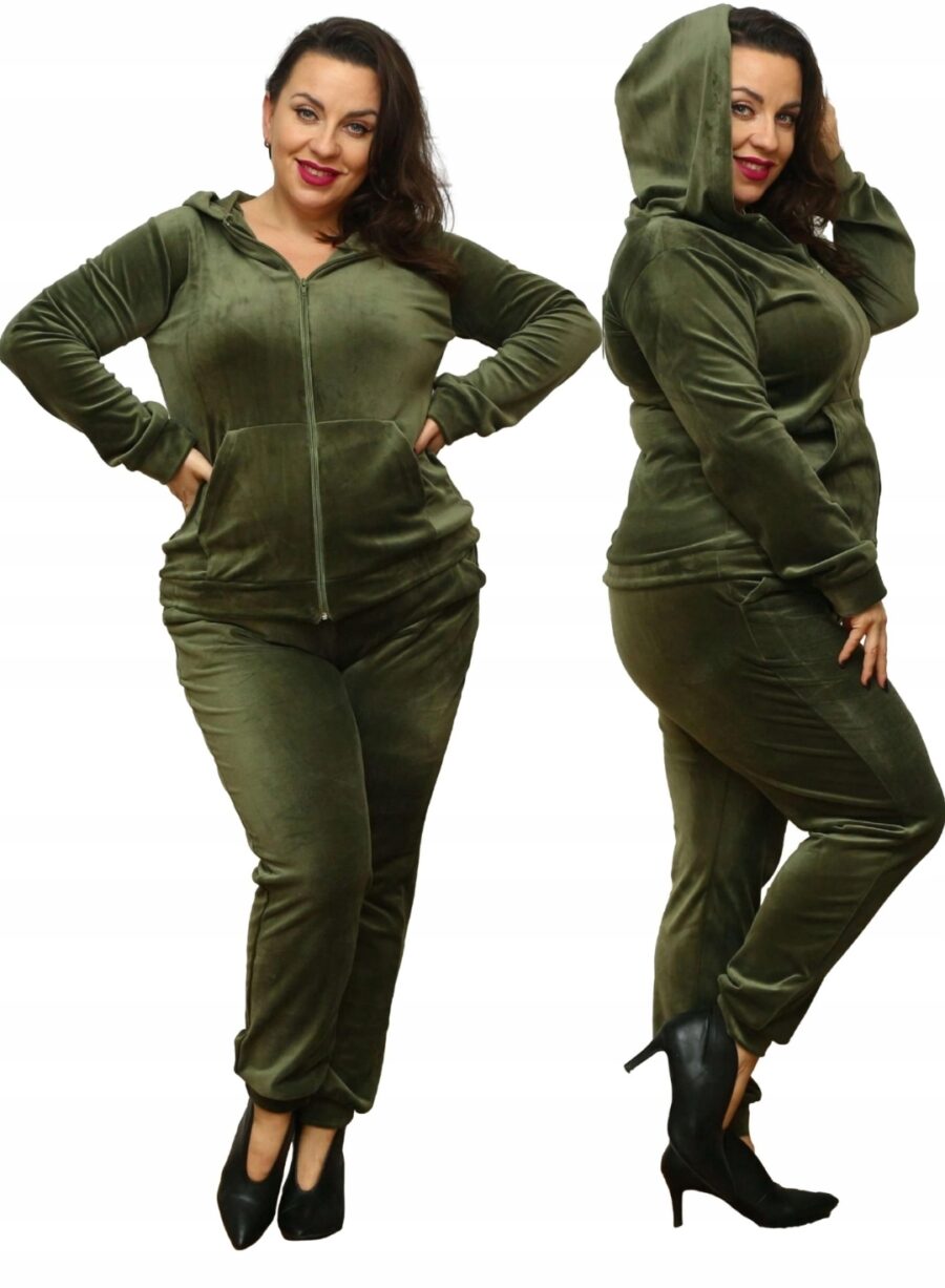 Dres welurowy DAMSKI ELEGANCKI KOMPLET KHAKI PREMIUM PL PLUS SIZE 3XL