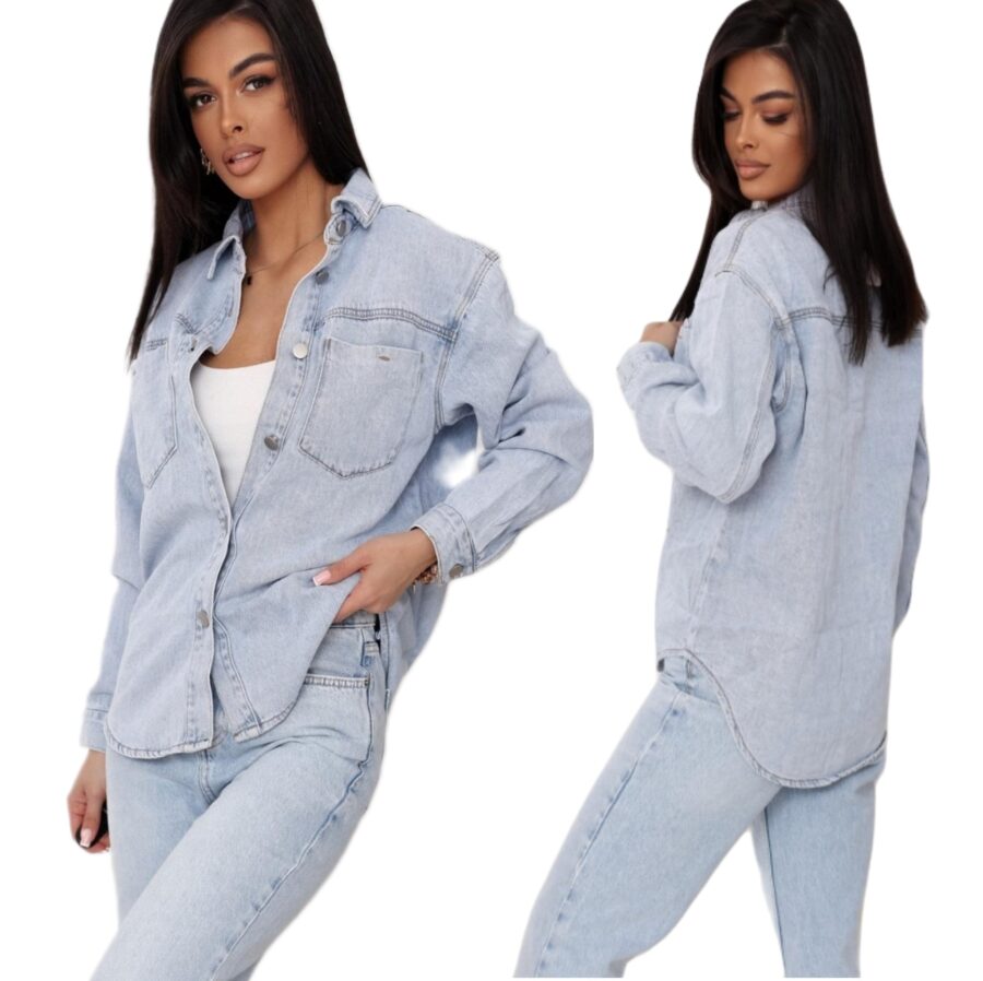 LUŹNA OVERSIZE KOSZULA DAMSKA JEANSOWA JASNA DENIM PREMIUM uciągliwa - obrazek 3