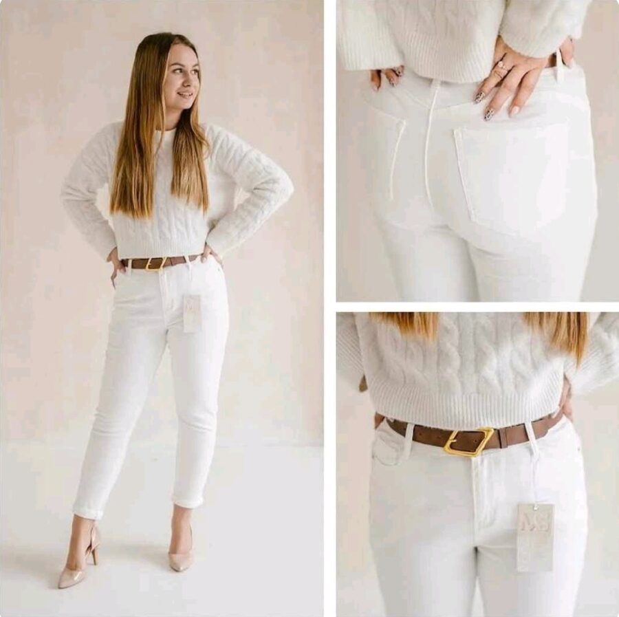 ELEGANCKIE SPODNIE JEANSOWE MOM FIT BOYFRIEND BIAŁE Z PASKIEM LUŹNE