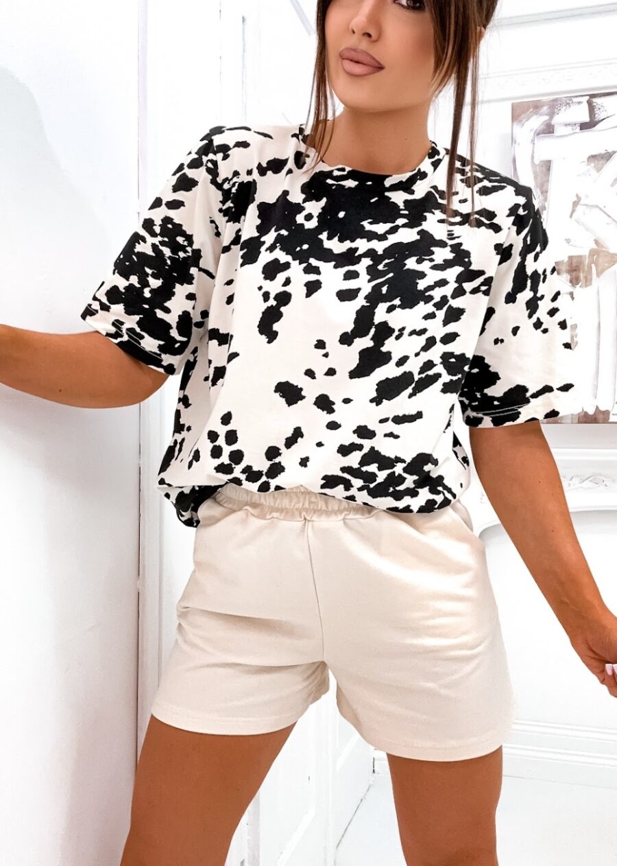 LETNI KOMPLET DRESOWY BAWEŁNIANY T-SHIRT SZORTY SPODENKI COW PRINT S/M - obrazek 2