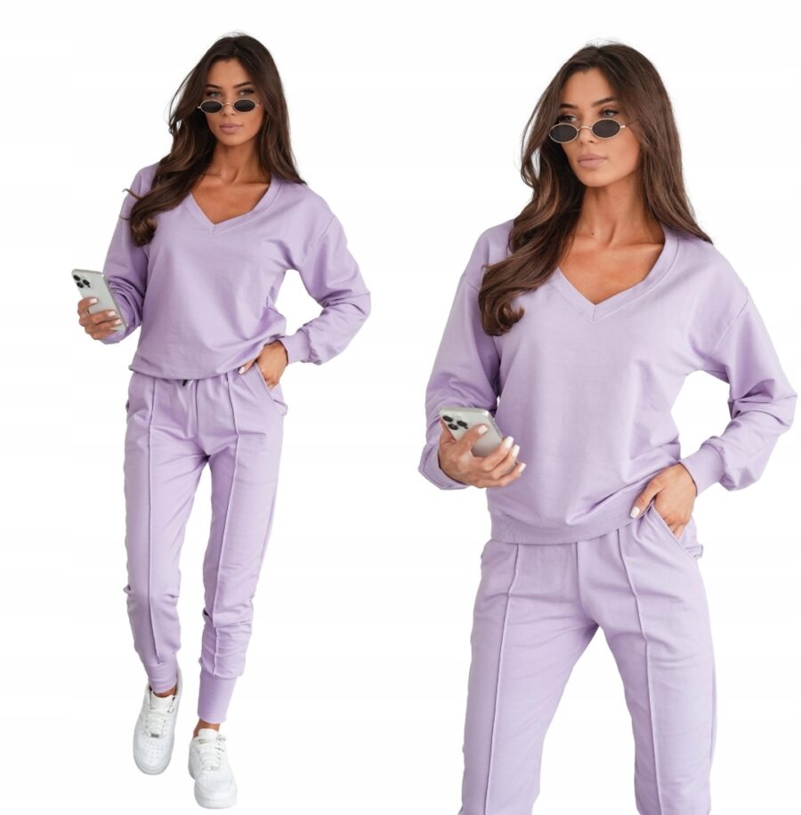 KOMPLET DRESOWY BAWEŁNIANY CIENKI  BLUZA W SEREK PREMIUM PL FIOLET