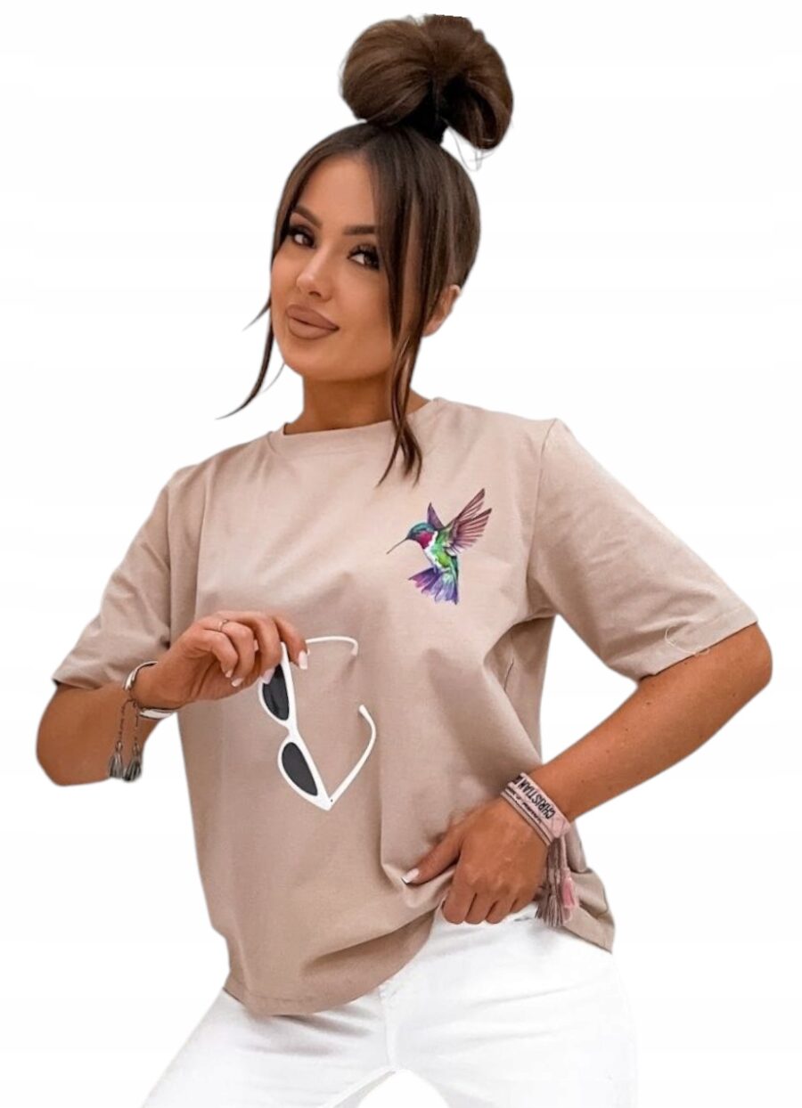 DAMSKI LUŹNY LETNI T-SHIRT KOSZULKA BLUZKA PRINT KOLIBEREK PL PREMIUM L/XL