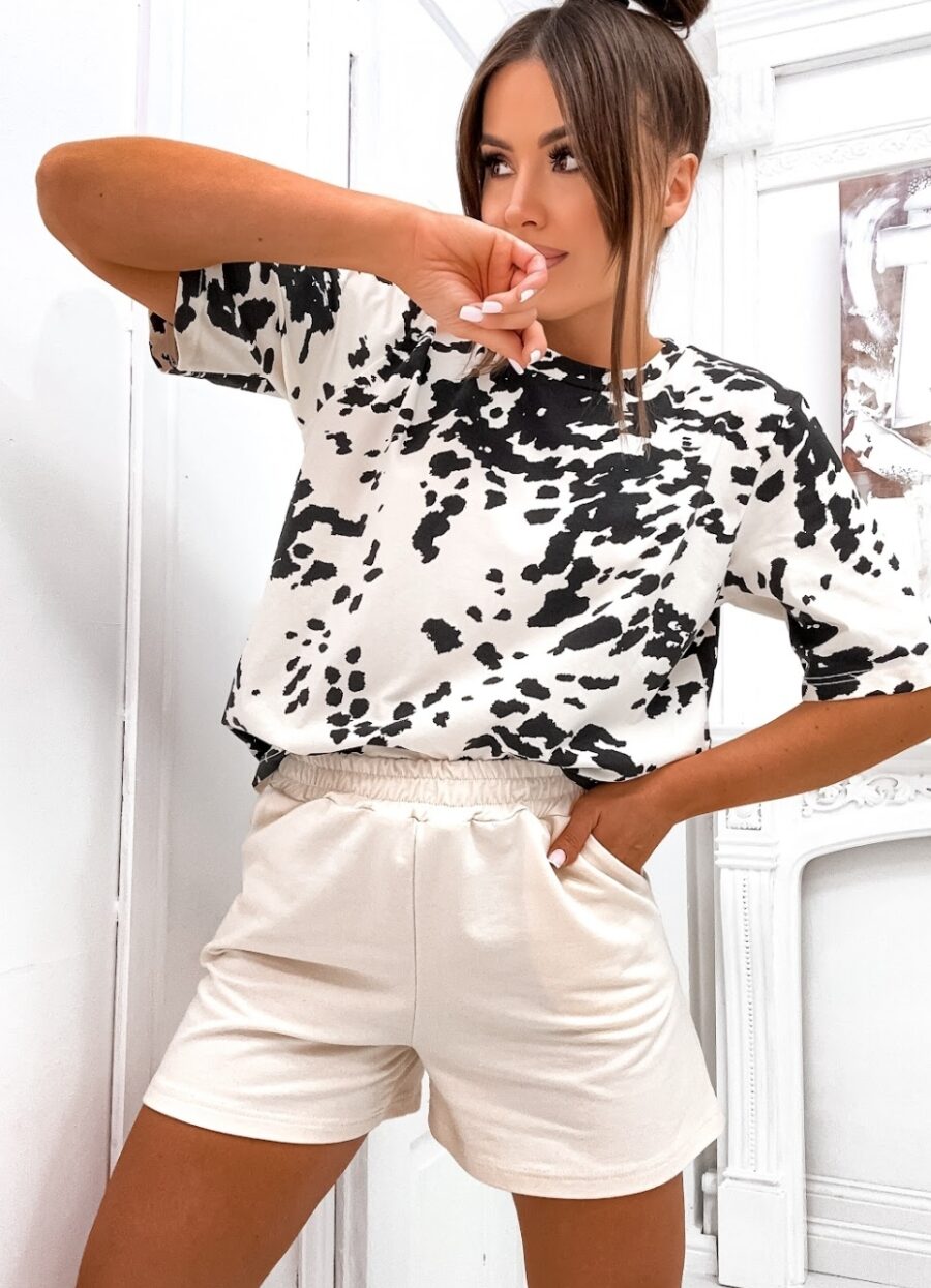 LETNI KOMPLET DRESOWY BAWEŁNIANY T-SHIRT SZORTY SPODENKI COW PRINT S/M - obrazek 5