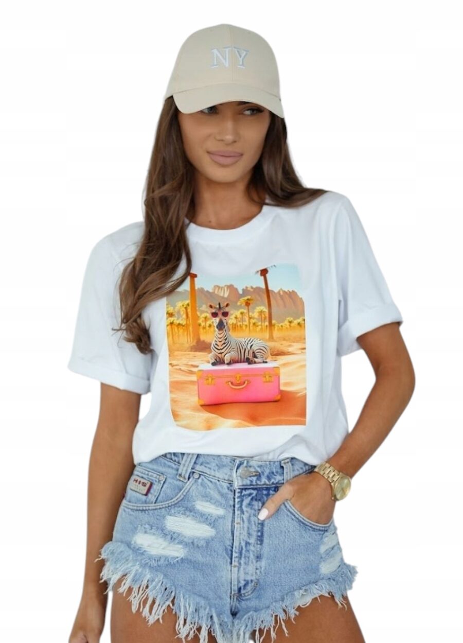 DAMSKI LUŹNY LETNI T-SHIRT KOSZULKA BLUZKA PRINT WESOŁA ZEBRA PREMIUM S/M
