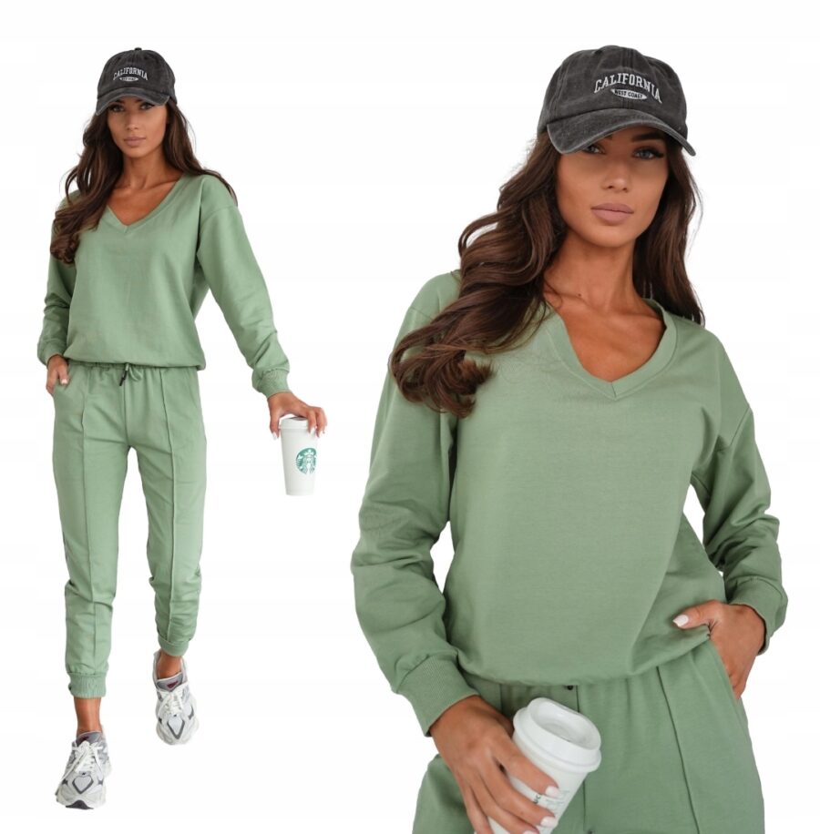 KOMPLET DRESOWY BAWEŁNIANY CIENKI  BLUZA W SEREK PREMIUM PL KHAKI