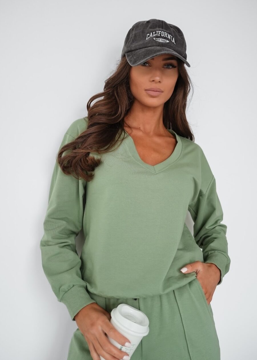 KOMPLET DRESOWY BAWEŁNIANY CIENKI  BLUZA W SEREK PREMIUM PL KHAKI - obrazek 4