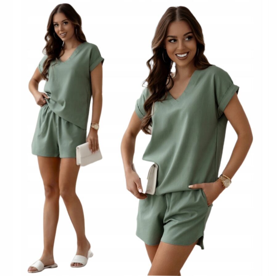 KOMPLET LNIANY SZORTY BLUZKA W SEREK KRÓTKI RĘKAW SPODENKI PREMIUM KHAKI XL