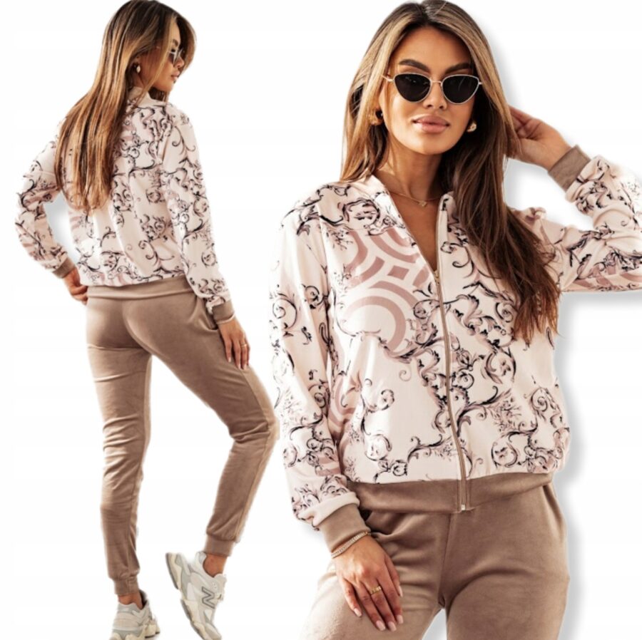 Dres welurowy ELEGANCKI KOMPLET BLUZA BOMBERKA ROZPINANA BEŻ PL PREMIUM S/M