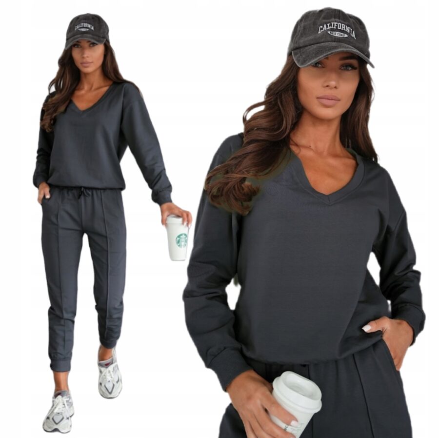KOMPLET DRESOWY BAWEŁNIANY CIENKI BLUZA W SEREK PREMIUM PL GRAFIT L