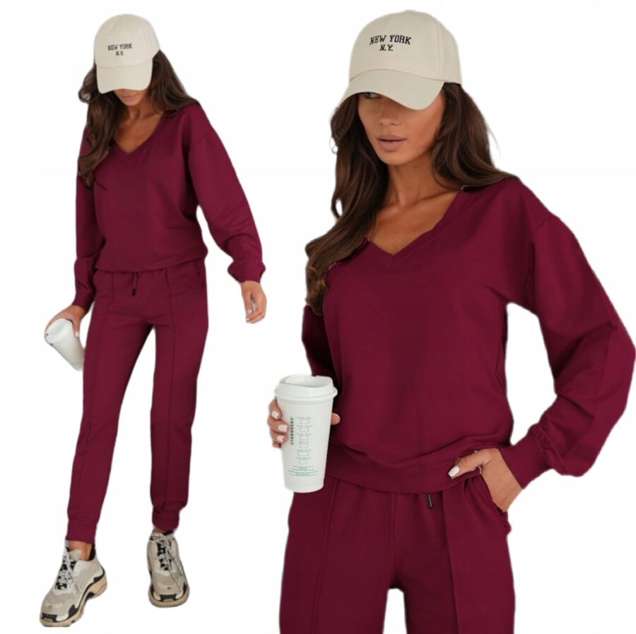 KOMPLET DRESOWY BAWEŁNIANY CIENKI BLUZA W SEREK PREMIUM PL BORDOWY XL