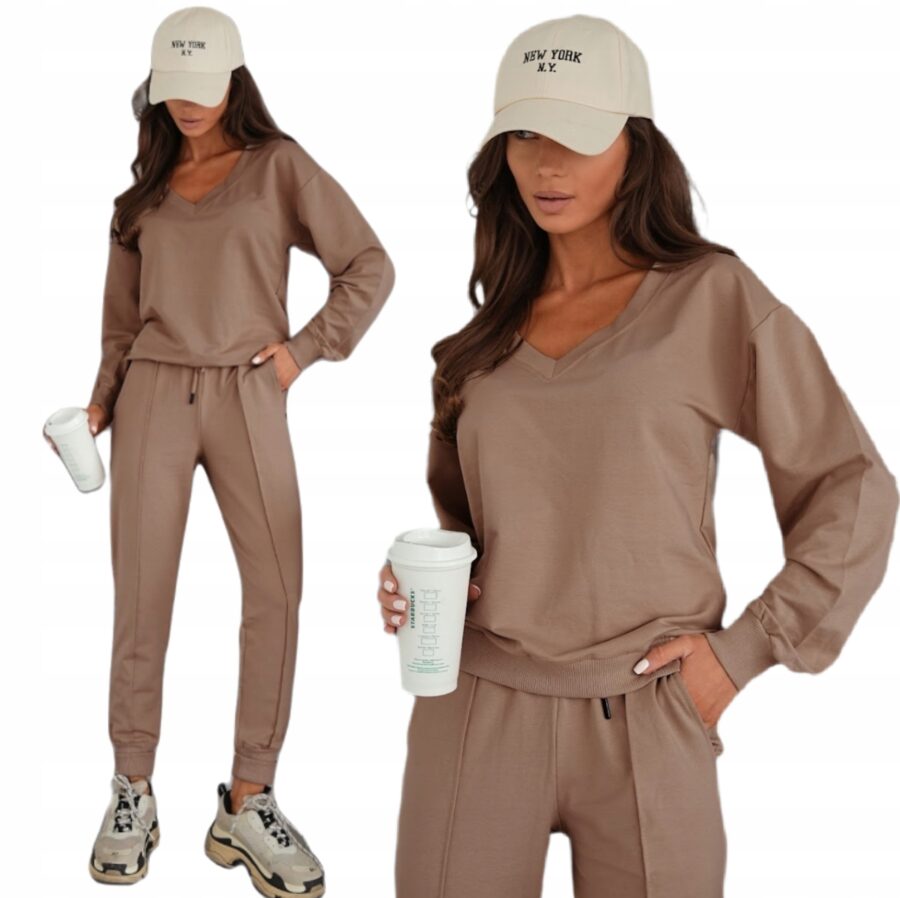 KOMPLET DRESOWY BAWEŁNIANY CIENKI BLUZA W SEREK PREMIUM PL CAPPUCCINO L