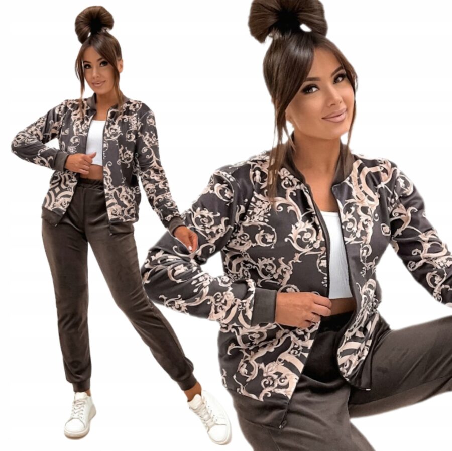 Dres welurowy ELEGANCKI KOMPLET BLUZA BOMBERKA ROZPINANA CZEKOLADA PL L/XL