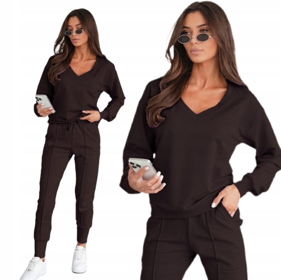 KOMPLET DRESOWY BAWEŁNIANY CIENKI BLUZA W SEREK PREMIUM PL CZEKOLADA XL