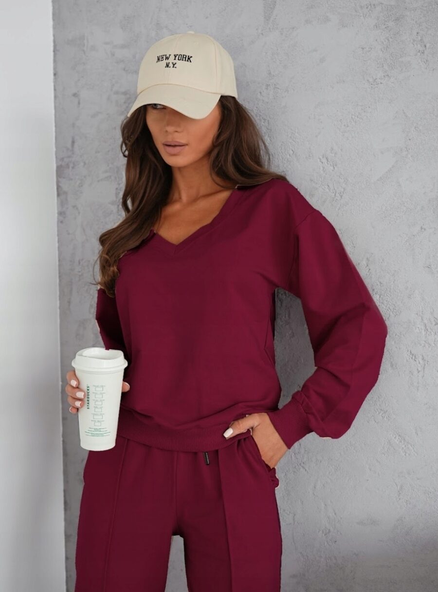 KOMPLET DRESOWY BAWEŁNIANY CIENKI BLUZA W SEREK PREMIUM PL BORDOWY XL - obrazek 4