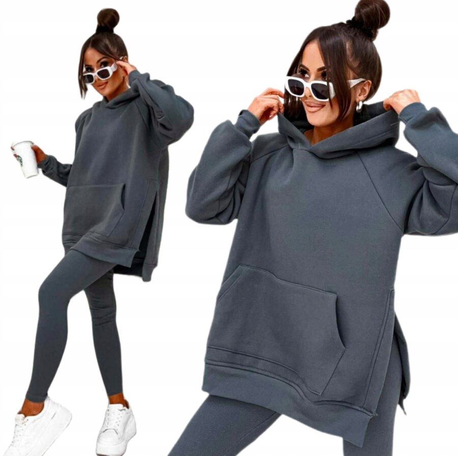 KOMPLET DRESOWY OCIEPLANY DŁUGA BLUZA ROZCIĘCIAMI LEGGINSY GRAFIT PL UNI