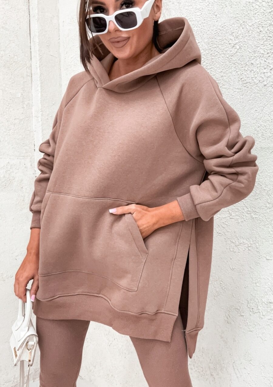 KOMPLET DRESOWY OCIEPLANY DŁUGA BLUZA Z ROZCIĘCIAM LEGGINSY CAPPUCCINO UNI - obrazek 3