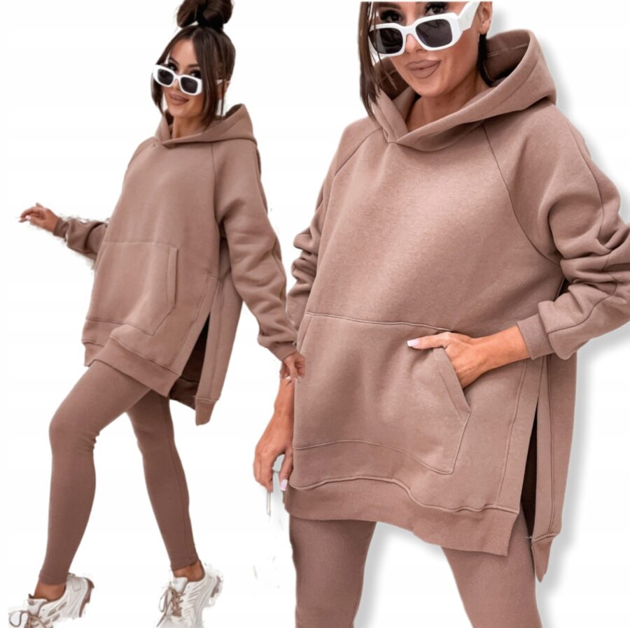 KOMPLET DRESOWY OCIEPLANY DŁUGA BLUZA Z ROZCIĘCIAM LEGGINSY CAPPUCCINO UNI