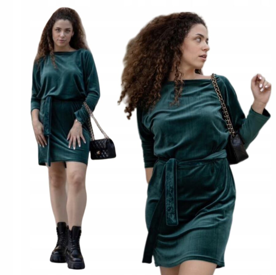 ELEGANCKA WELUROWA KLASYCZNA SUKIENKA Z WIĄZANIEM PL PRODUCEN PREMIUM XL 42
