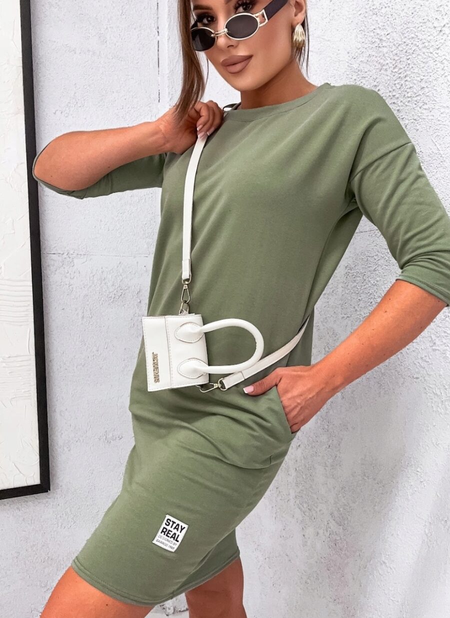 SUKIENKA BAWEŁNIANA DRESOWA WYGODNA PROSTA Z KIESZENIAMI PL KHAKI XL - obrazek 4
