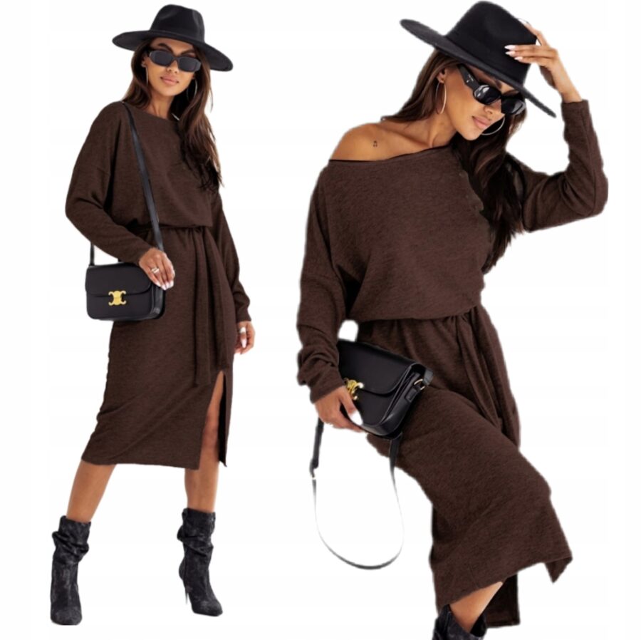 ELEGANCKA SUKIENKA DZIANINOWA Z WIĄZANIEM ROZCIĘCIEM MIDI CZEKOLADA PL L/XL