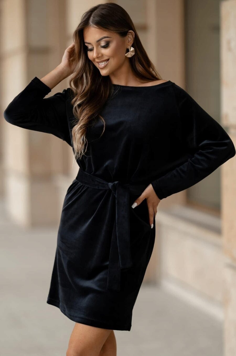 ELEGANCKA WELUROWA KLASYCZNA SUKIENKA Z WIĄZANIEM PL PRODUCEN PREMIUM XL 42 - obrazek 7