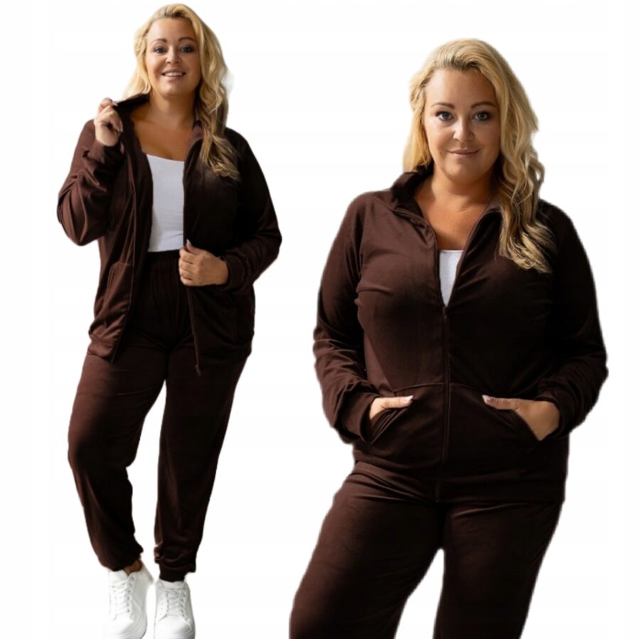 Dres welurowy KOMPLET SPODNIE BLUZA ROZPINANA CZEKOLADA PL PLUS SIZE 48/50