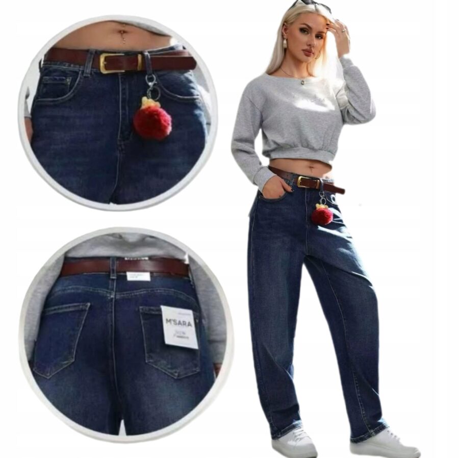 LUŹNE MODNE SZEROKIE SPODNIE JEANSOWE BALLOON Z BRELOKIEM PREMIUM M.SARA XL
