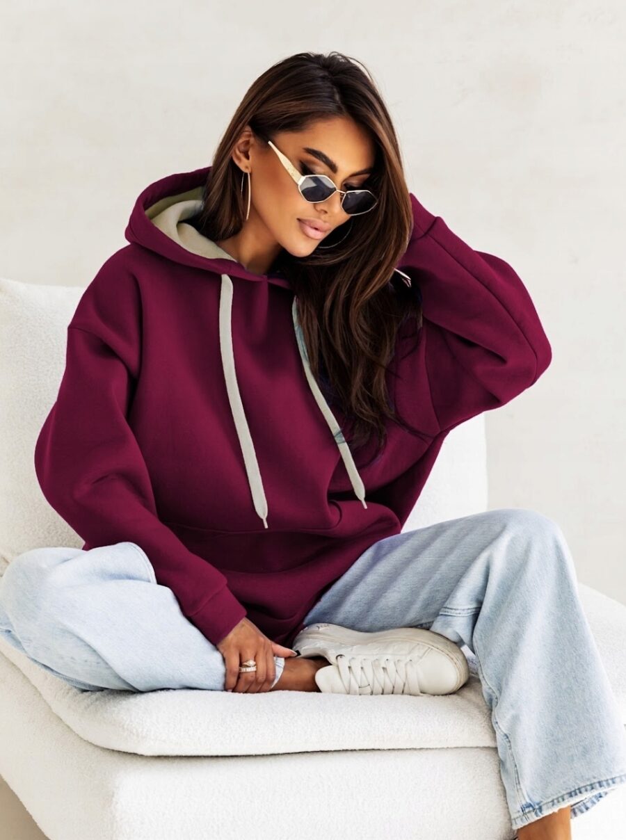 GRUBA CIEPŁA LUŹNA BLUZA DRESOWA DAMSKA Z KAPTUREM PREMIUM BORDO S/M - obrazek 2