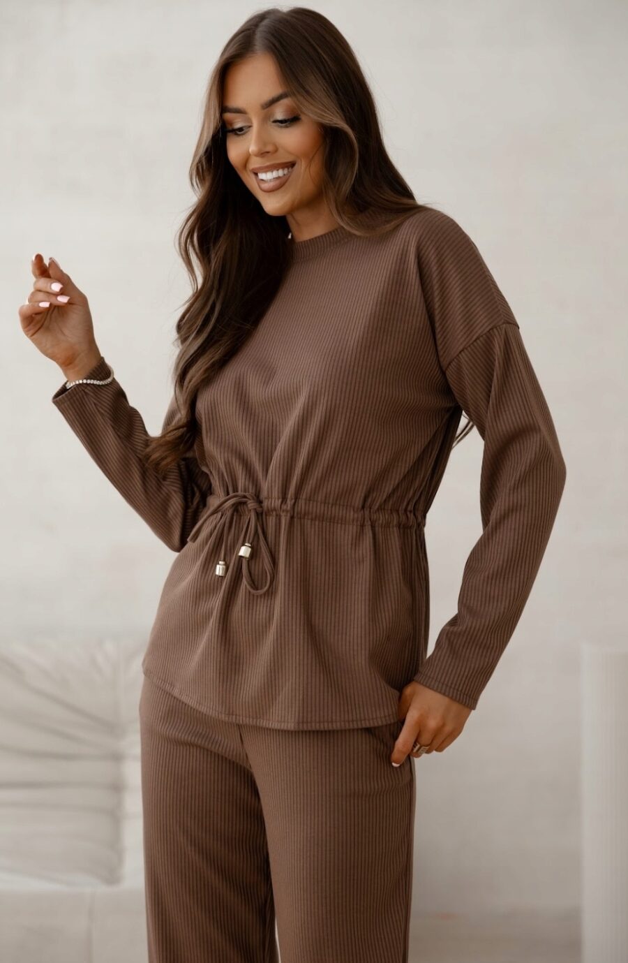 ELEGANCKI KOMPLET DRESOWY W PRĄŻEK SZEROKIE SPODNIE BLUZA POLSKI DRES M - obrazek 7