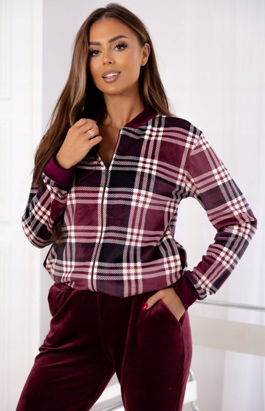 Dres welurowy ELEGANCKI KOMPLET BLUZA BOMBERKA ROZPINANA BORDOWY PL L/XL - obrazek 11