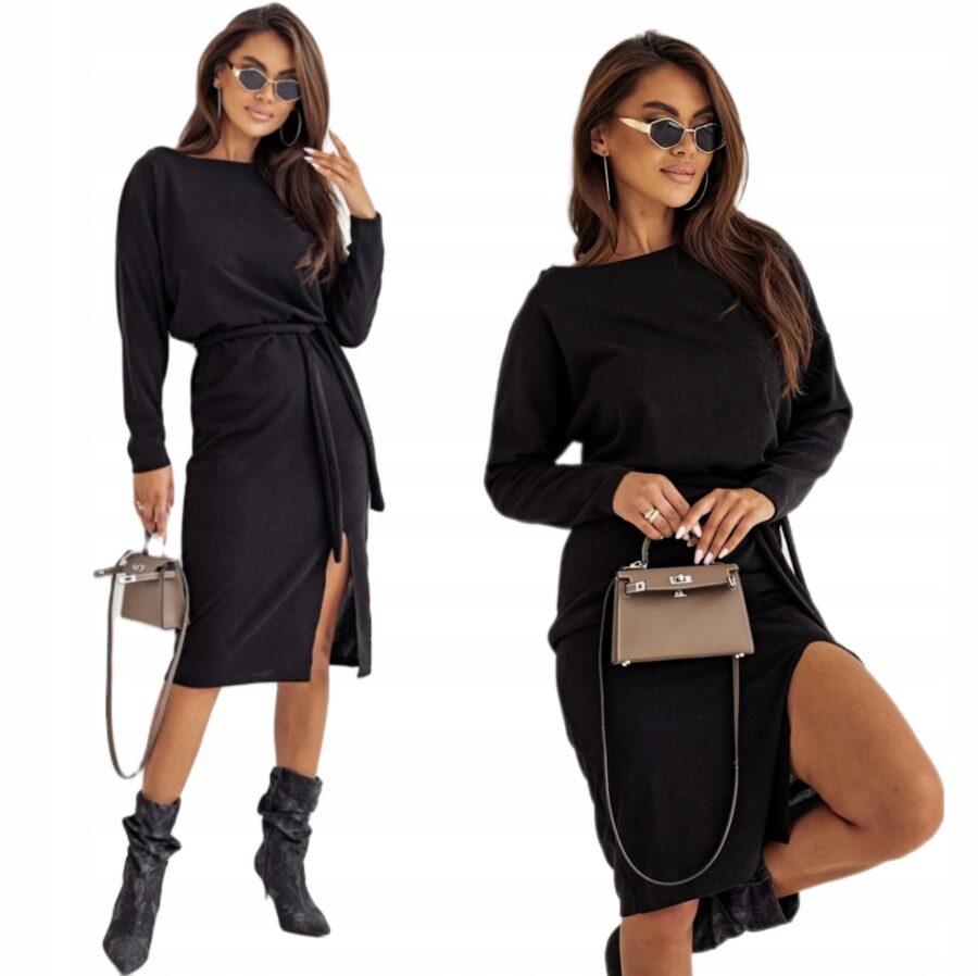 ELEGANCKA SUKIENKA DZIANINOWA Z WIĄZANIEM ROZCIĘCIEM MIDI CZARNY PL S/M