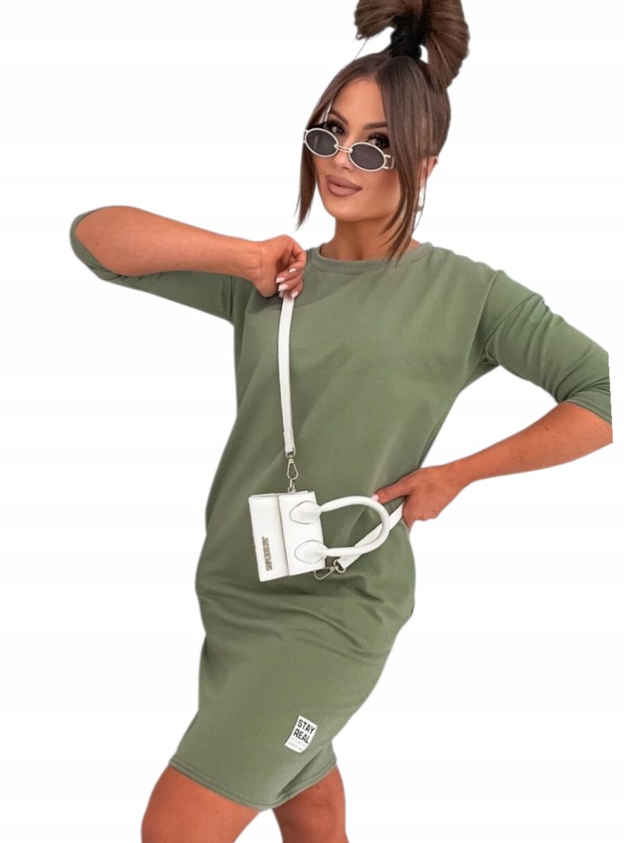 SUKIENKA BAWEŁNIANA DRESOWA WYGODNA PROSTA Z KIESZENIAMI PL KHAKI XL