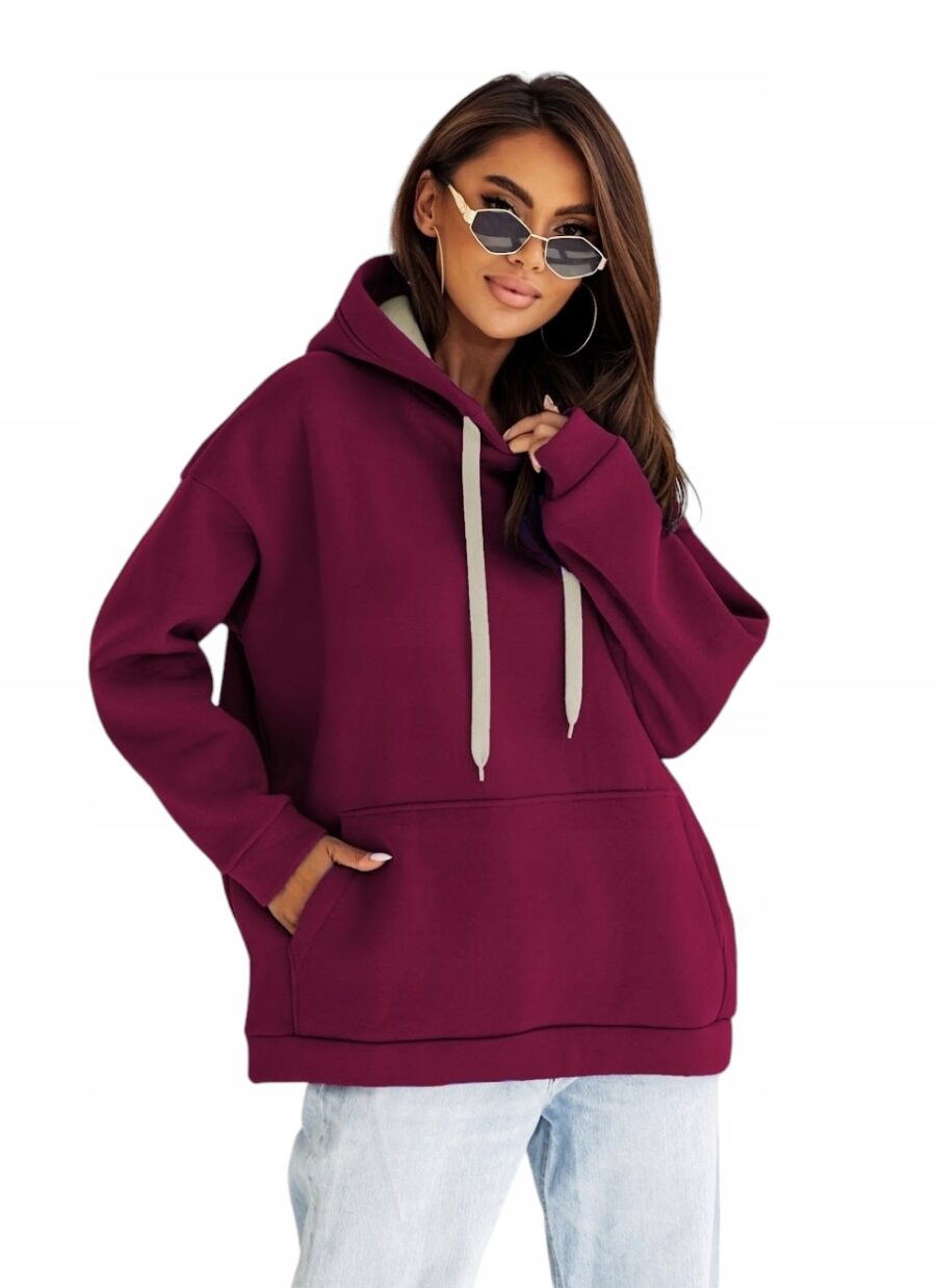 GRUBA CIEPŁA LUŹNA BLUZA DRESOWA DAMSKA Z KAPTUREM PREMIUM BORDO S/M