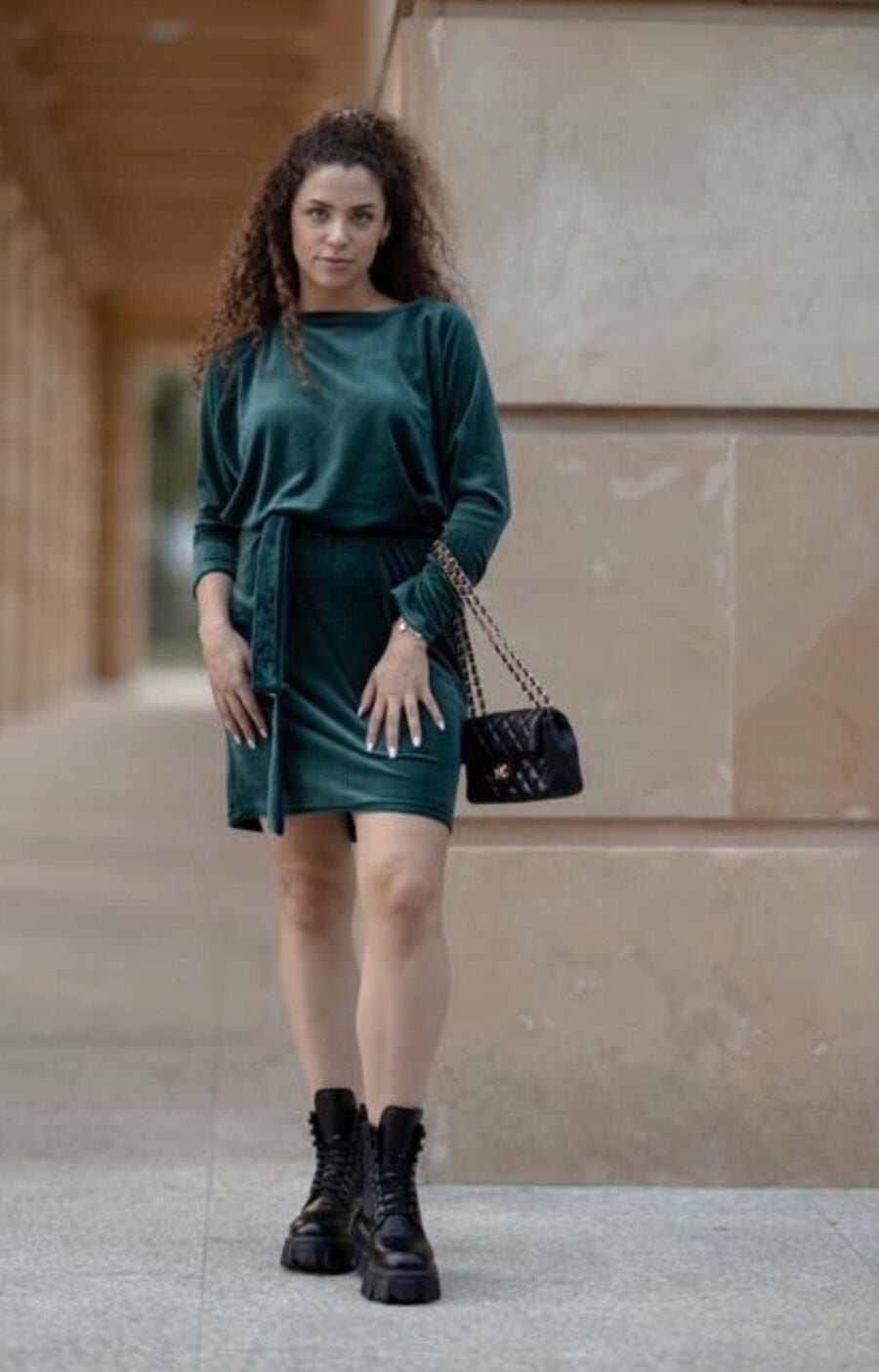 ELEGANCKA WELUROWA KLASYCZNA SUKIENKA Z WIĄZANIEM PL PRODUCEN PREMIUM XL 42 - obrazek 2