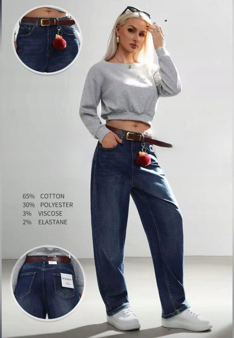 LUŹNE MODNE SZEROKIE SPODNIE JEANSOWE BALLOON Z BRELOKIEM PREMIUM M.SARA XL - obrazek 2