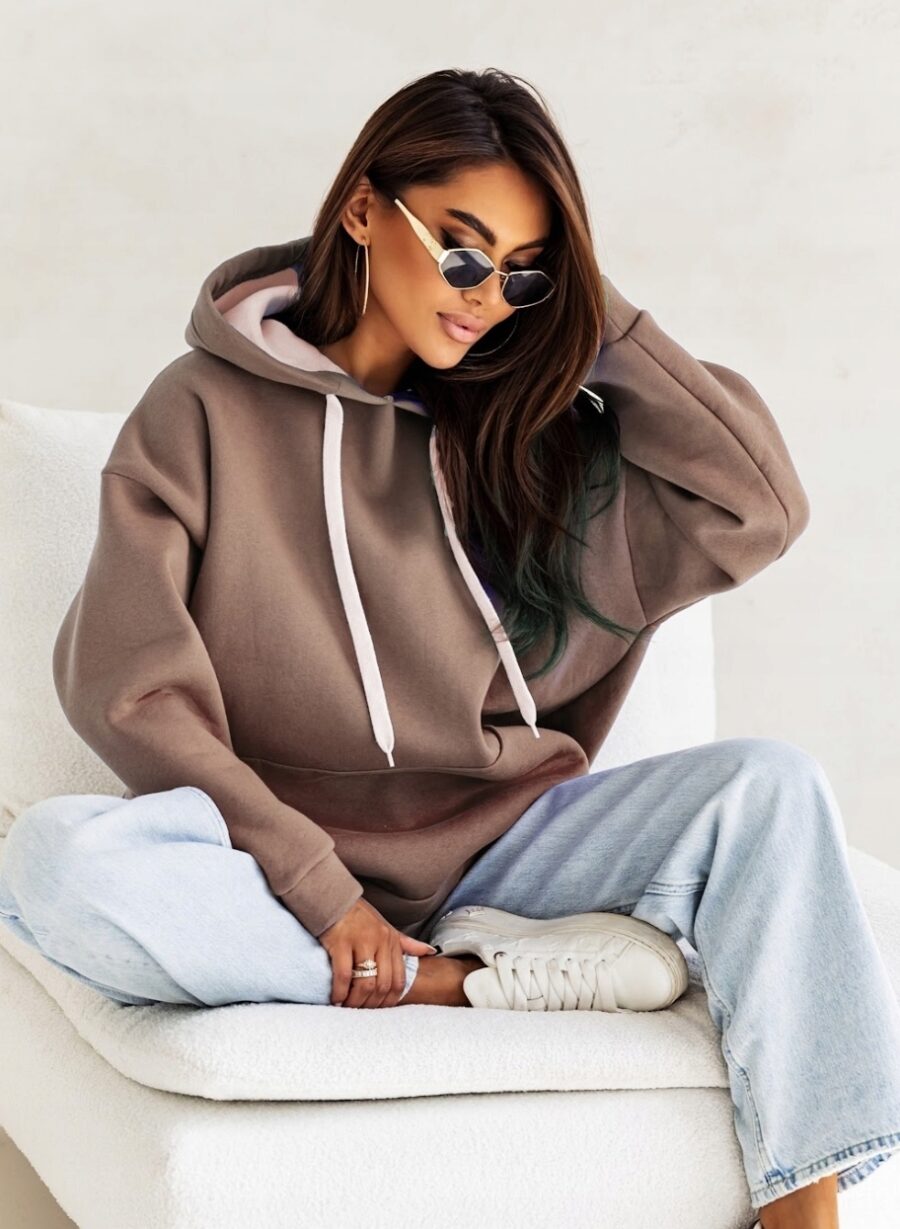 GRUBA CIEPŁA LUŹNA BLUZA DRESOWA DAMSKA Z KAPTUREM PREMIUM CAPPUCCINO L/XL - obrazek 3