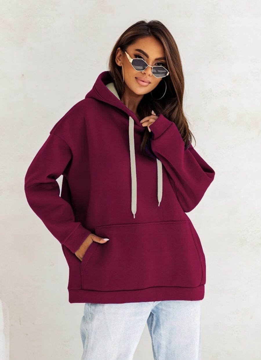 GRUBA CIEPŁA LUŹNA BLUZA DRESOWA DAMSKA Z KAPTUREM PREMIUM BORDO S/M - obrazek 4
