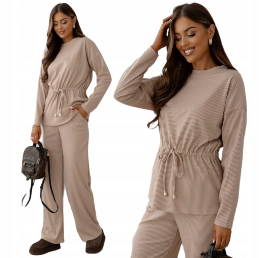 ELEGANCKI KOMPLET DRESOWY W PRĄŻEK SZEROKIE SPODNIE BLUZA POLSKI DRES S