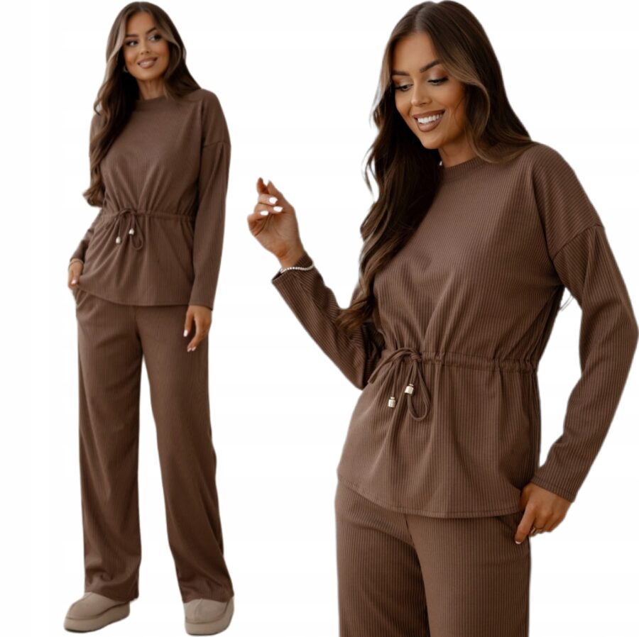 ELEGANCKI KOMPLET DRESOWY W PRĄŻEK SZEROKIE SPODNIE BLUZA POLSKI DRES M