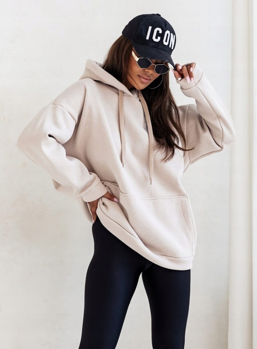 GRUBA CIEPŁA LUŹNA BLUZA DRESOWA DAMSKA Z KAPTUREM PL PROD PREMIUM BEŻ L/XL - obrazek 4